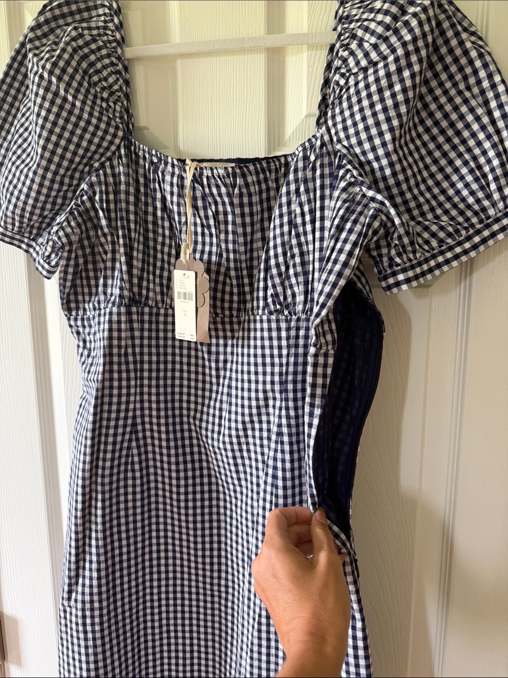 Anthro Forever That Girl NWT Gingham Puff-Sleeve Mini Dress in Navy and White - Picture 3 of 3